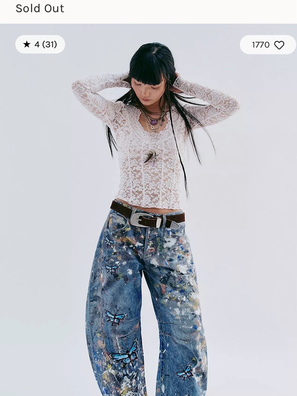 Free People Blue Paint-Splatter Wide-Leg Jeans with Butterfly Motif - Picture 1 of 15